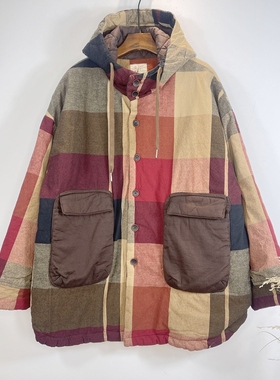 雪蓝杉撞色格纹连帽中长款棉服女冬宽松减龄百搭棉衣新年