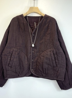 雪蓝杉春秋新款亚麻简约风单排扣V领条纹前短后长纯色棉服外套