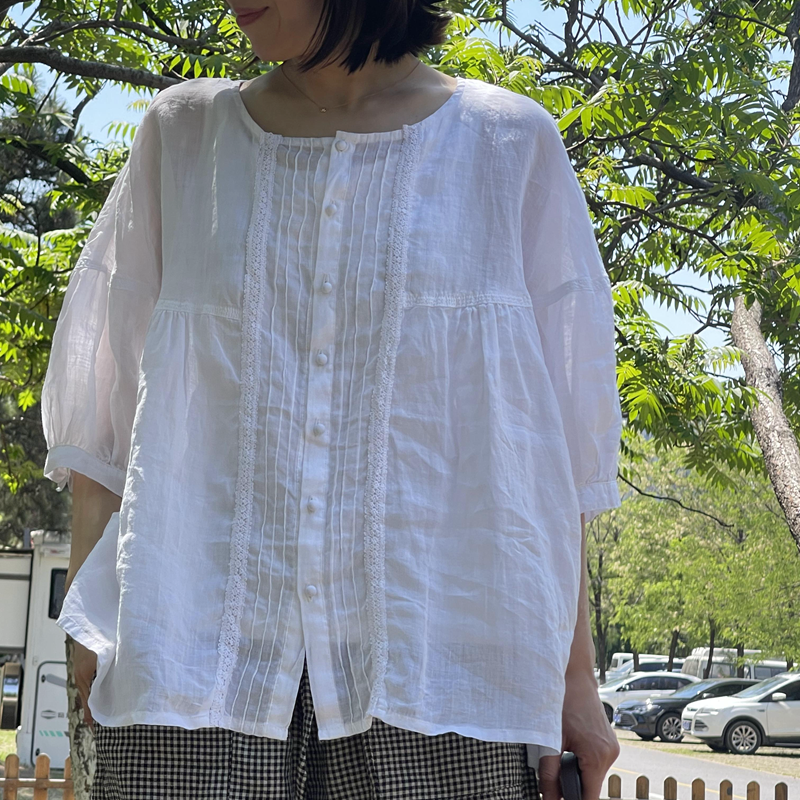 复古苎麻七分袖甜美风衬衫女夏季