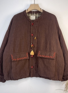 雪蓝杉冬女装苎麻夹棉保暖棉服太极禅修打坐盘扣立领百搭女式新年