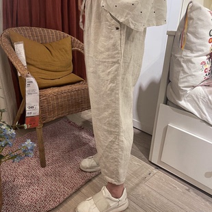 舒适麻裤 2025夏款 女大码 雪蓝杉松紧腰麻色休闲裤 子花朵 棉麻九分裤