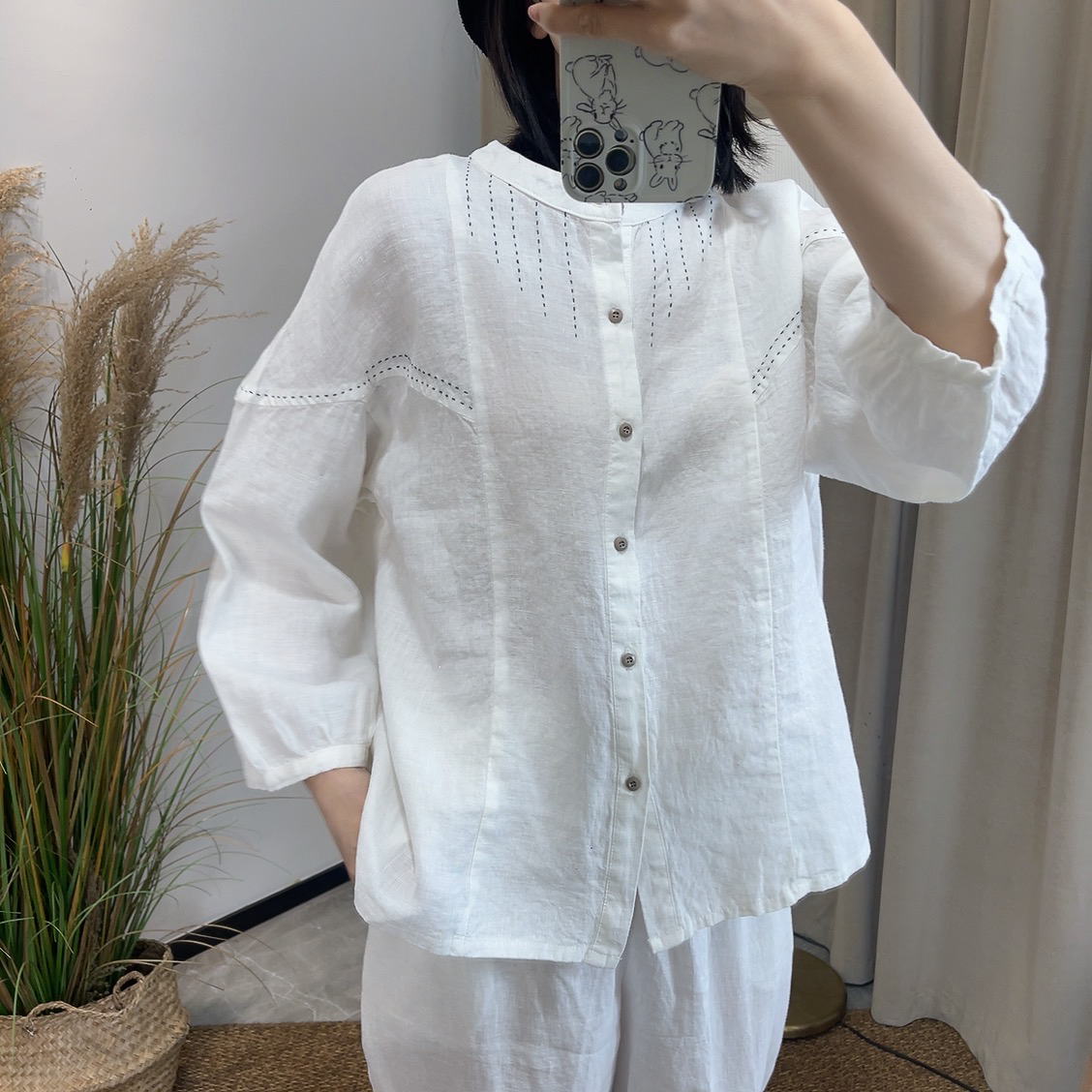 棉麻长袖衬衫文艺复古宽松小立领