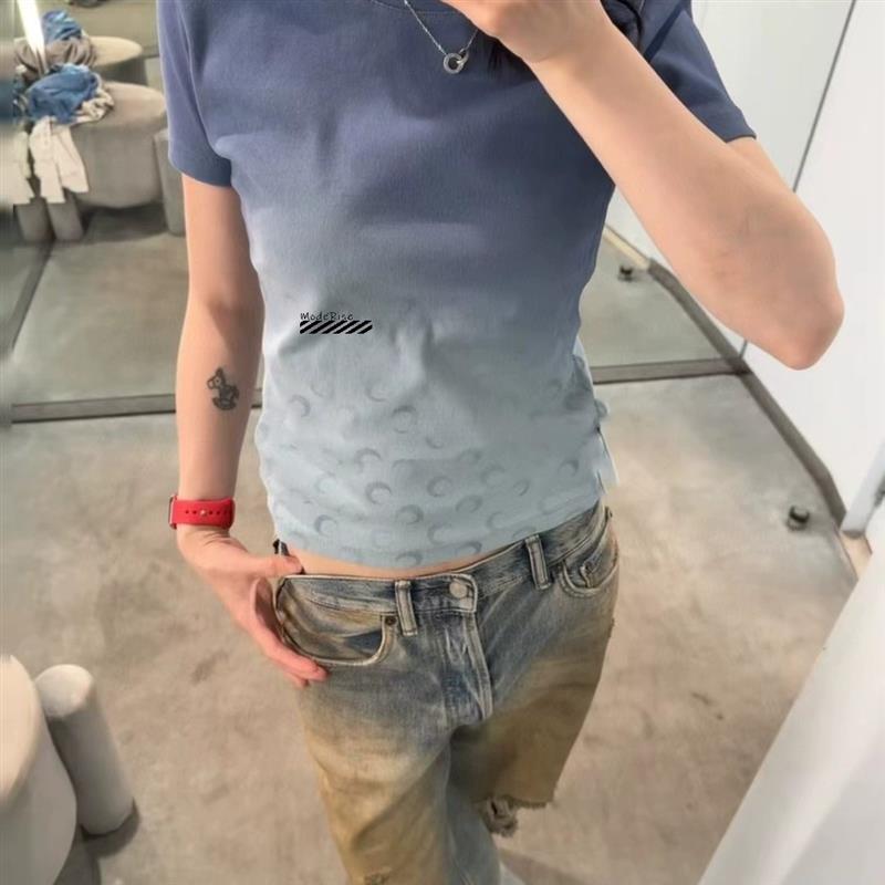 欧美风美式复古月亮渐变印花贴身短袖T恤新品