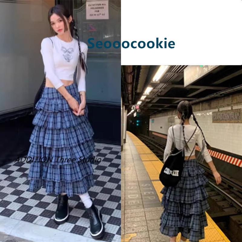 正品 Seooocookie 春秋款蝴蝶结茶壶印花T恤高腰格纹蛋糕半身裙女