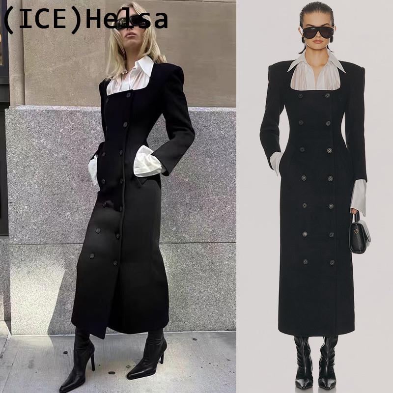 ice买手店正品折扣现货Helsa沙漏廓形大衣双排扣收腰毛呢长版外套