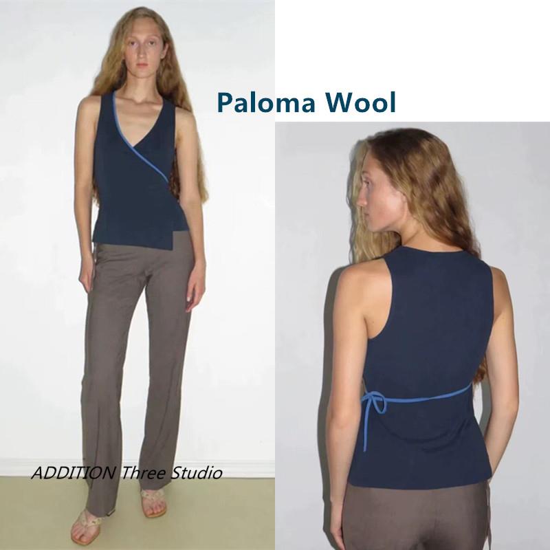正品 Paloma Wool 25夏季新款气质蓝色V领包裹系带无袖背心上衣女