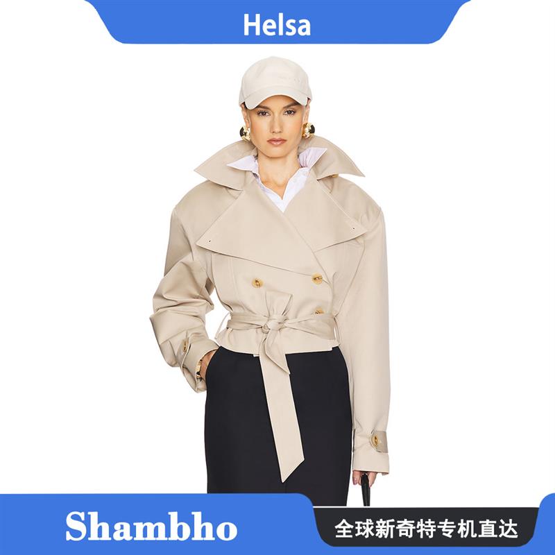 Shambho正品 Helsa 新品老钱风翻领双排扣腰带短款风衣外套