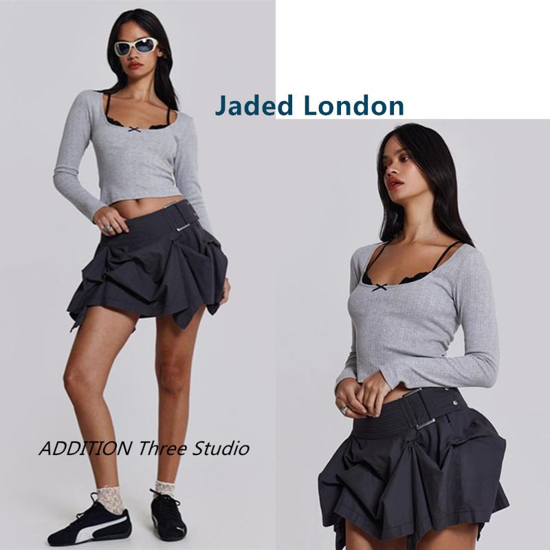 折扣 Jaded London 辣妹方领蕾丝假两件设计蝴蝶结长袖短款T恤女