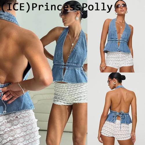 ice买手店正品现货折扣PrincessPolly上衣小众牛仔露背挂脖背心女