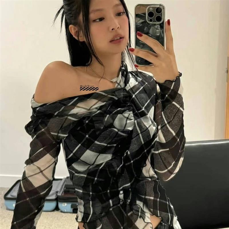 国现速发 JPG欧美街头不规则绑带百褶半身裙黑白格纹上衣Jennie款