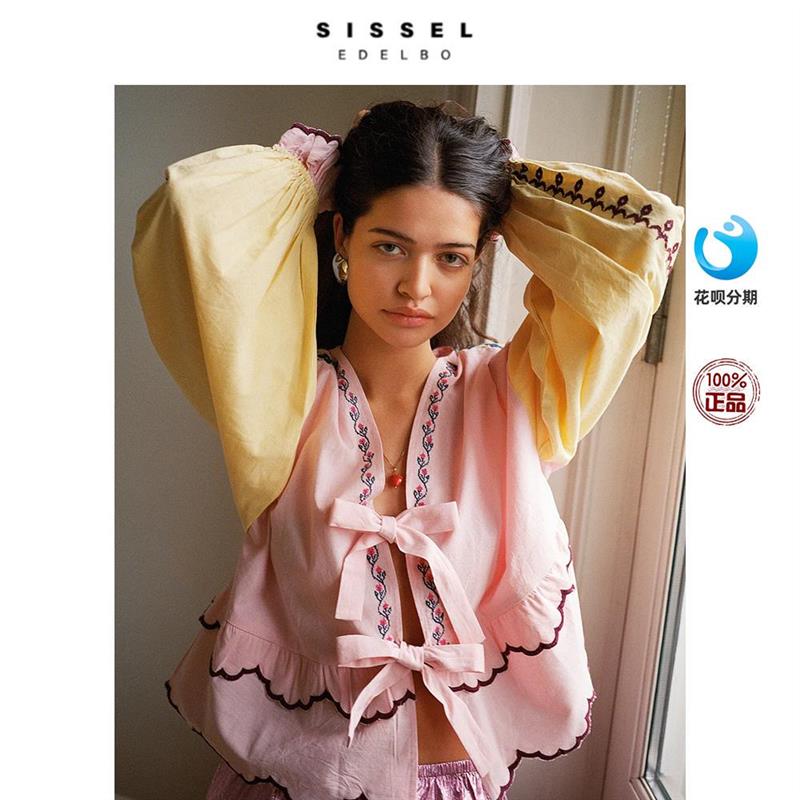 SISSEL EDELBO 蝴蝶结扣宽松拼色刺绣灯笼长袖上衣