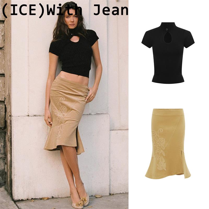 ice买手店正品With Jean套装镂空领口短袖针织上衣刺绣鱼尾半裙