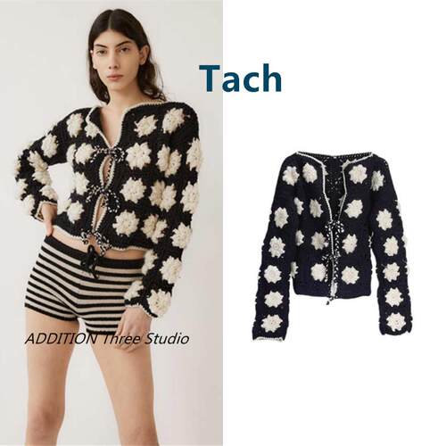 折扣乌拉圭 Tach 秋冬款时尚黑白撞色花朵钩针系带针织衫外套女
