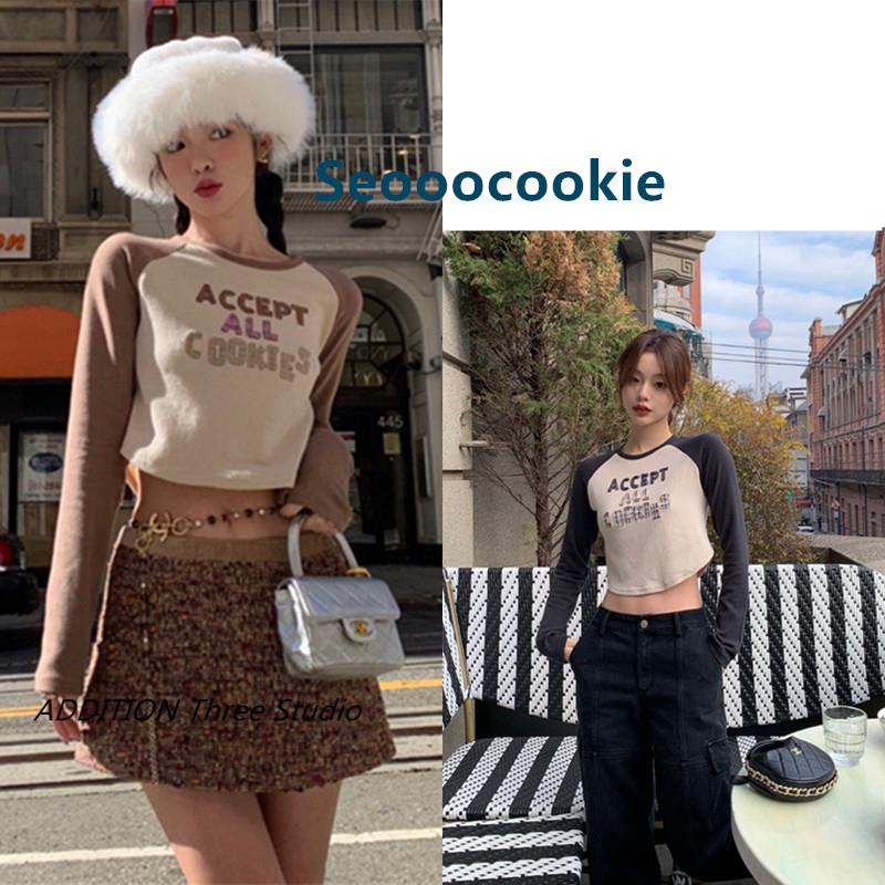 正品 Seooocookie 春秋款圆领字母刺绣贴布拼色短款长袖T恤上衣女