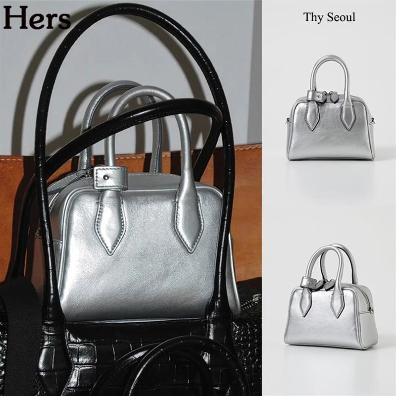 正品韩国Thy Seoul 银色牛皮休闲保龄球迷你手提斜挎包女