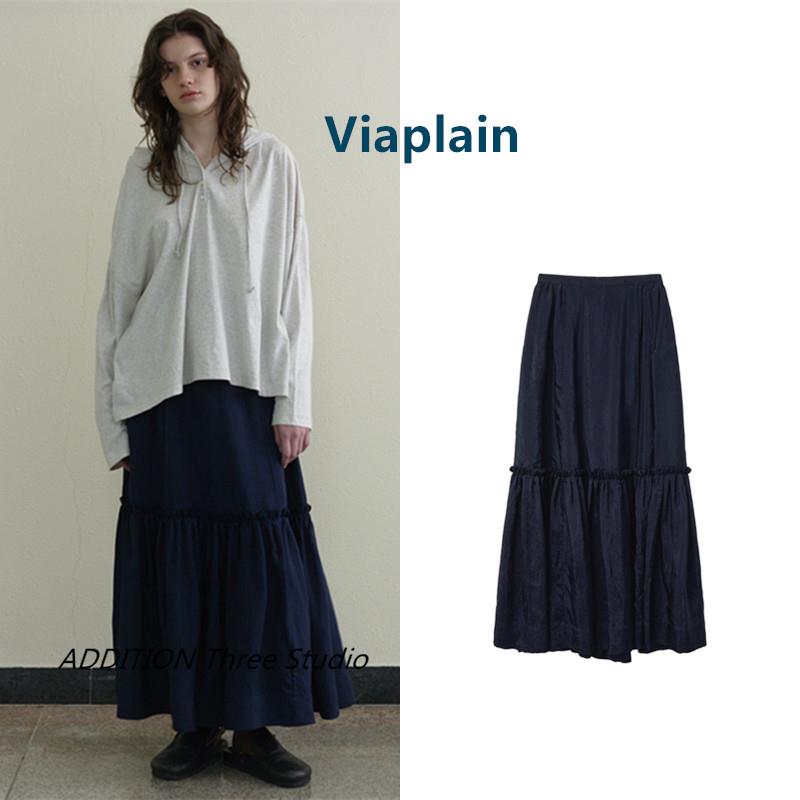 韩国 Viaplain 26春夏新款纯色松紧腰褶皱大裙摆百搭长款半身裙女