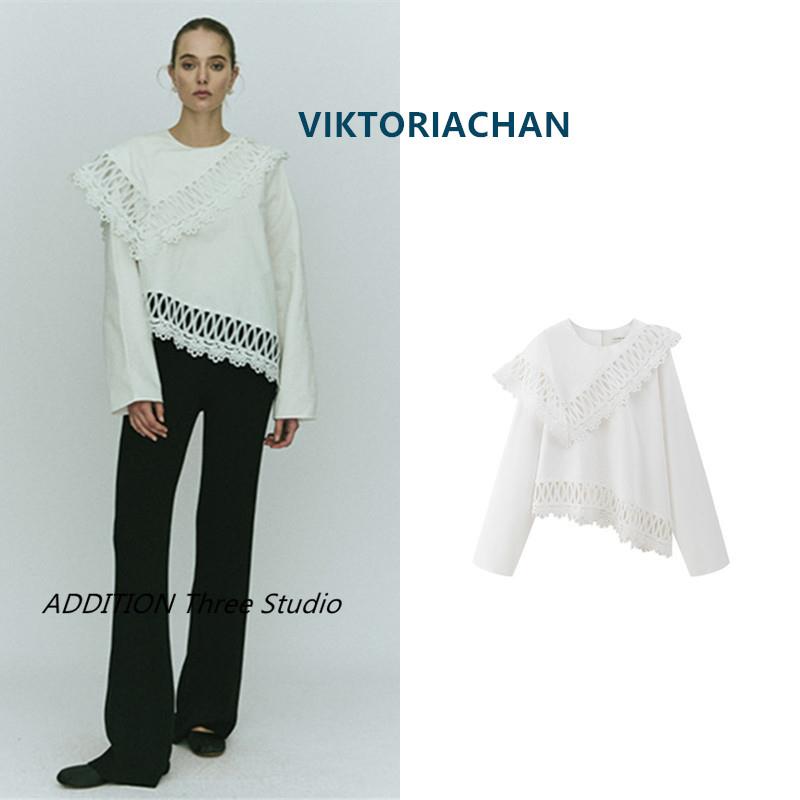 现货 VIKTORIACHAN 新款白色流苏不对称翻领长袖蕾丝镂空衬衫上衣