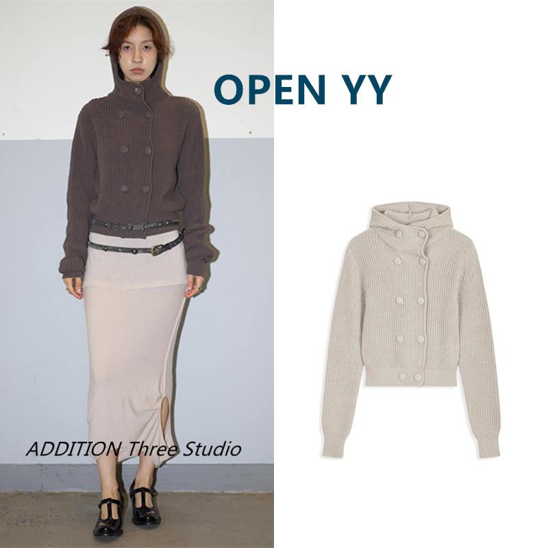 正品 OPEN YY 26春季新款纯色简约小高领双排扣休闲连帽针织开衫