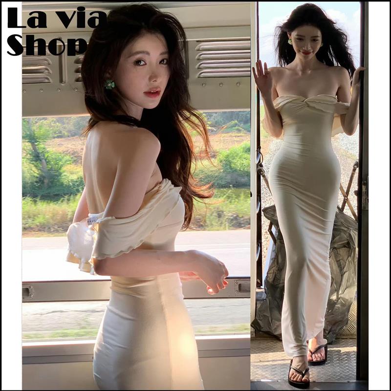 现货正品Tiger Mist长裙方圆同款褶皱露肩修身洋装女