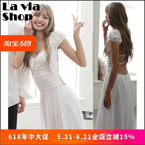 现货正品Guizio洋装Lisa同款白色褶皱收腰露背长裙女