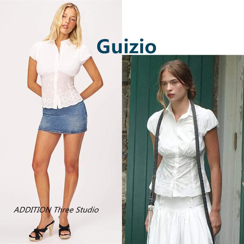 正品 Guizio 26夏季新款娃娃领花朵刺绣微透收腰泡泡短袖衬衫上衣