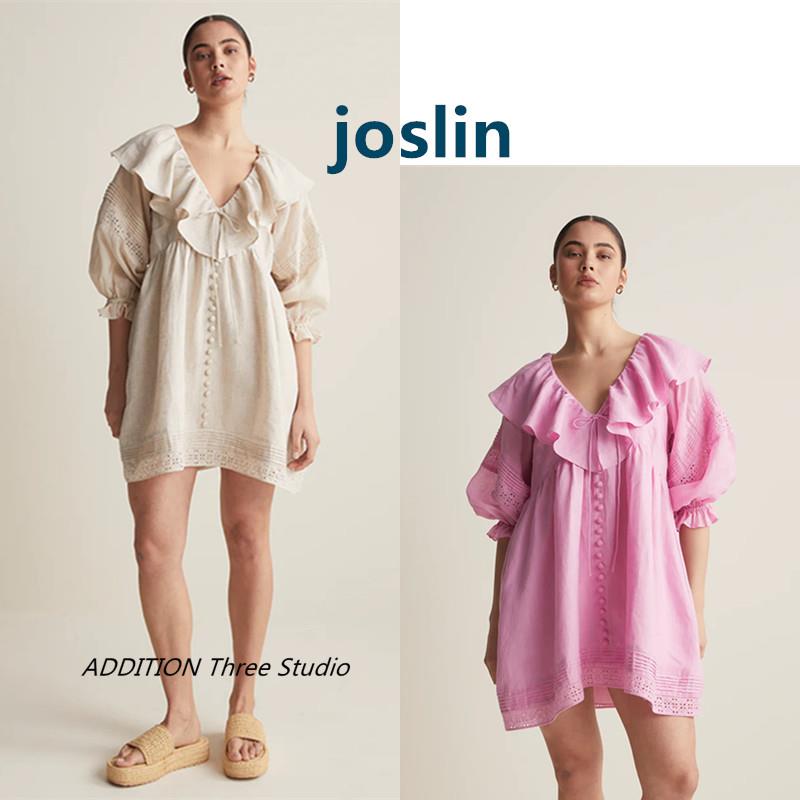 正品 joslin 24新款纯色V领荷叶边宽松泡泡袖短款亚麻连衣裙女
