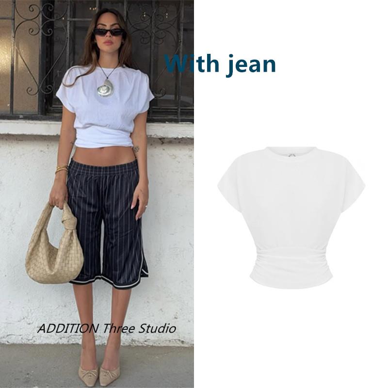 正品 With Jean 25夏季新款白色休闲时尚圆领褶皱收腰短款T恤上衣