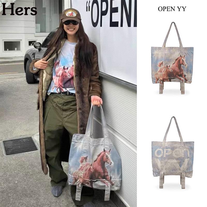 正品OPEN YY 韩国品牌马年限定小马印花大容量托特包女