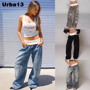 Urba13买手店正品现货Revice denim阔腿长裤螺纹腰头刺绣牛仔裤