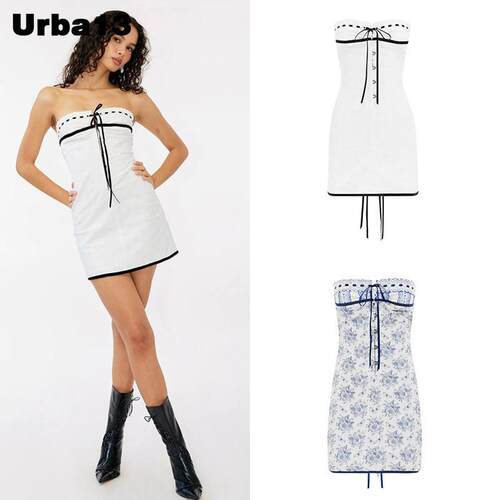 Urba13买手店现货正品With Jean洋装纯色碎花绑带抹胸裙短裙