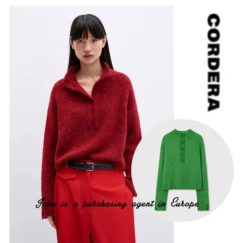 国现 美国直邮 Cordera 24条纹拼色羊驼毛POLO针织钮扣开衫毛衣