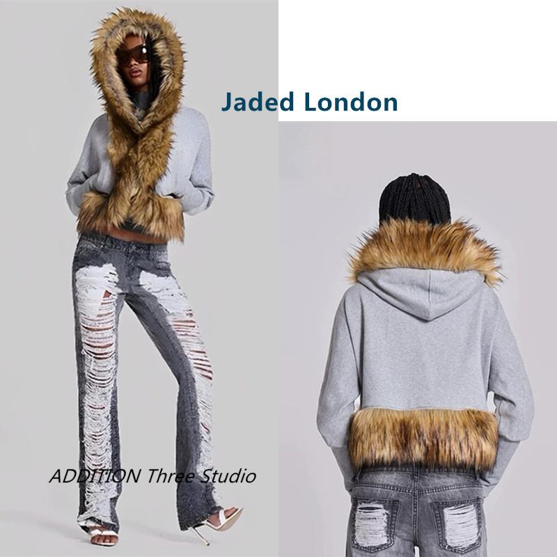 折扣 Jaded London 25春秋新款毛茸茸拼接毛领宽松卫衣帽衫短外套