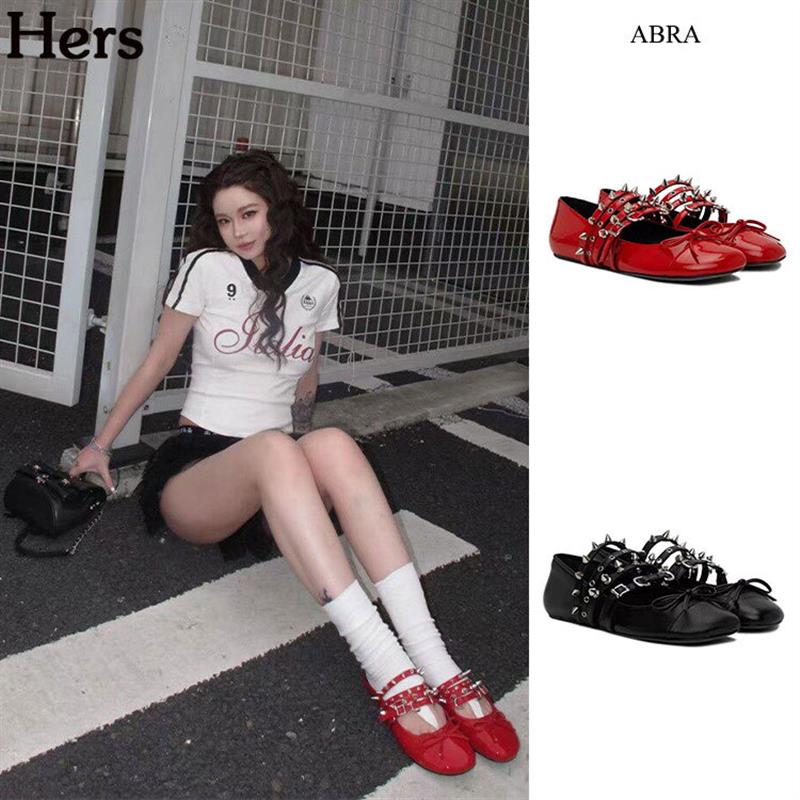 正品韩国ABRA 蝴蝶结铆钉玛丽珍平底金属扣浅口芭蕾鞋女