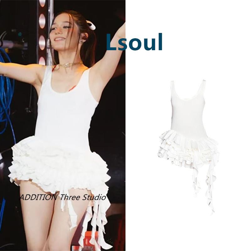 越南折扣 Lsoul 25春夏新款纯欲风白色U领木耳边蛋糕裙吊带连衣裙