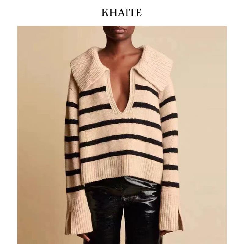 KHAITE 复古V领条纹套头毛衣女慵懒风翻领针织衫上衣
