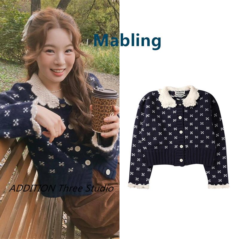 韩国现货 Mabling 23秋冬款蕾丝花边甜美娃娃领宽松针织开衫毛衣