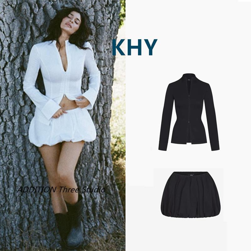 正品 KHY 24秋冬款Kylie同款双向拉链修身显瘦衬衫花苞短裙套装女