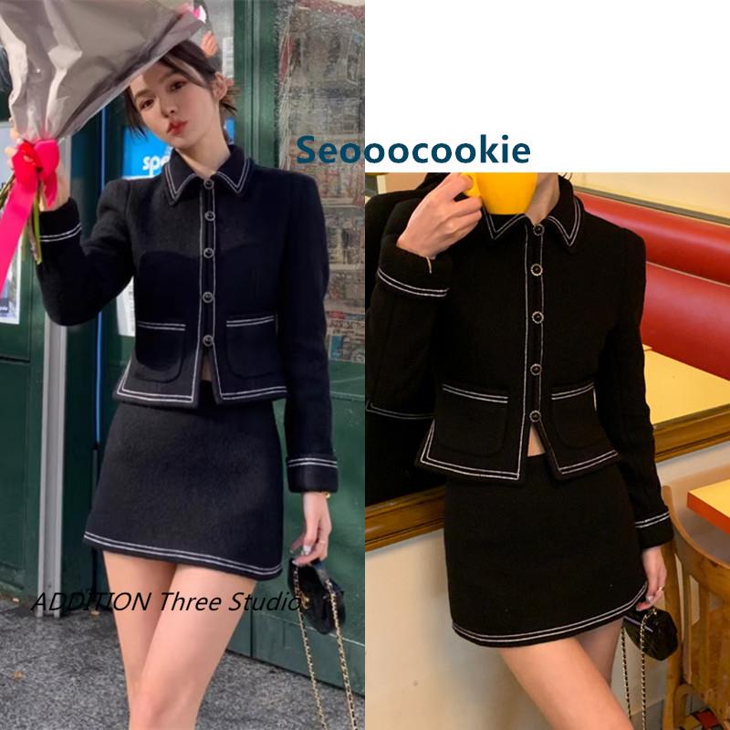 韩国 Seooocookie 春秋款黑色气质小香风夹克短外套半身裙套装女