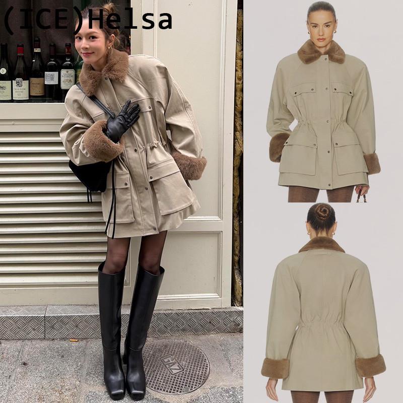 ice买手店正品现货Helsa橄榄绿色毛毛拼接垫肩收腰工装夹克外套女