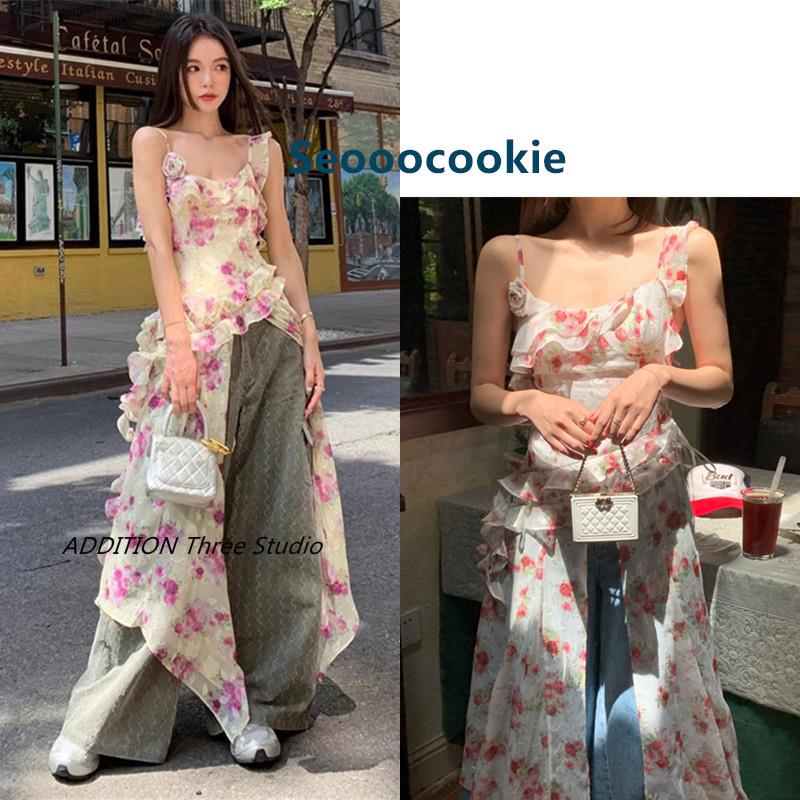 Seooocookie 24新款不规则碎花荷叶边叠穿前开叉吊带连衣裙