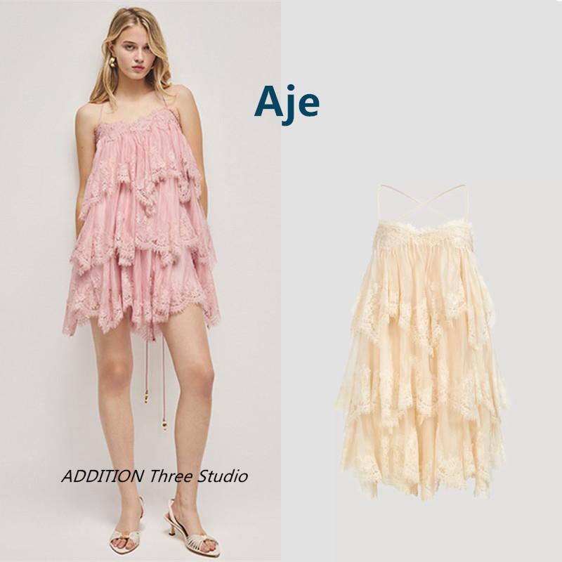 正品 Aje 26春夏新款法式浪漫蕾丝绑带多层宽松迷你吊带连衣裙女