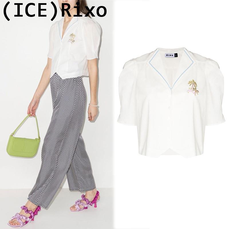 Ice买手店正品现货rixo22夏新款翻领logo刺绣泡泡袖白色短袖衬衫
