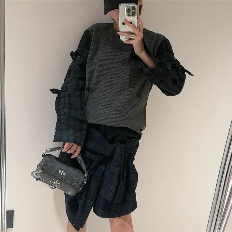 现货正品 OPENYY 秋冬新款格纹拼接袖子结圆领宽松长袖t恤上衣女