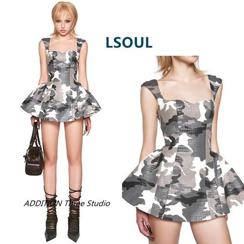 越南小众 LSOUL 夏款混色迷彩收腰修身显瘦绑带宽吊带迷你连衣裙