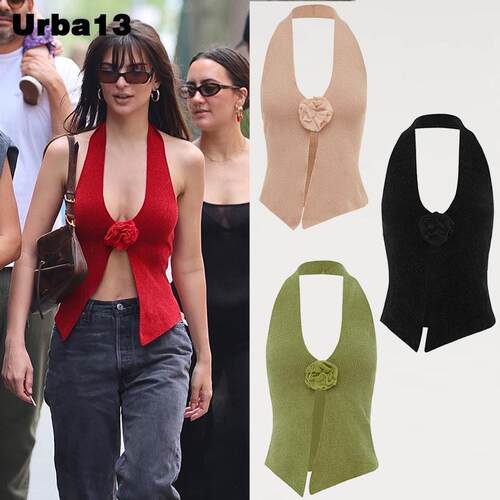 Urba13买手店正品With Jean针织背心25新款玫瑰花抹胸挂颈短上衣