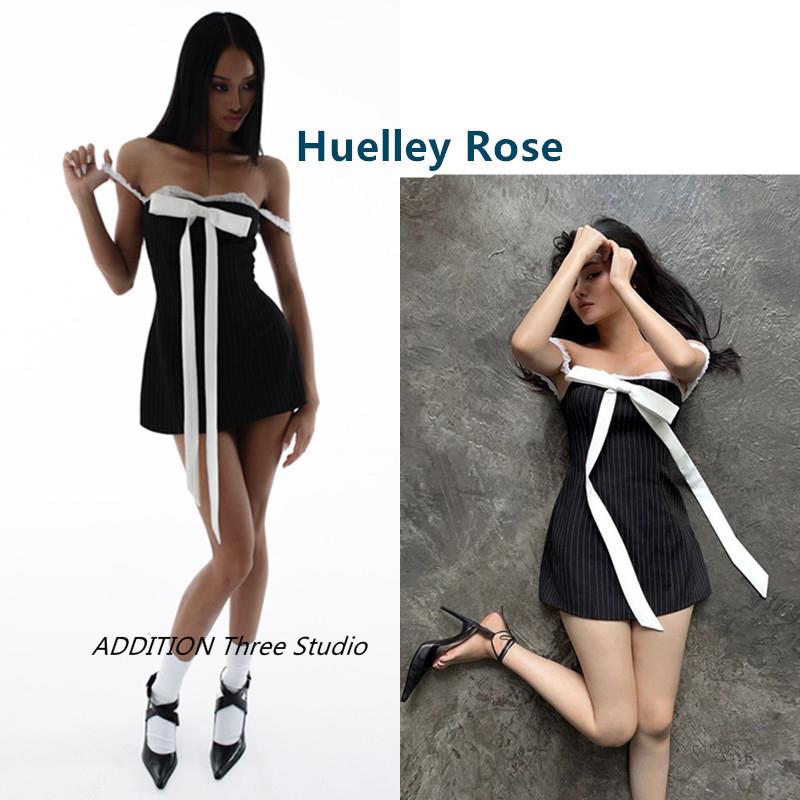 正品Huelley Rose春夏款辣妹一字肩蝴蝶结条纹撞色抹胸迷你连衣裙