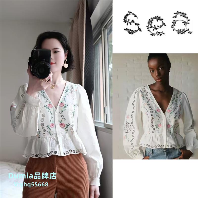 现货 Sea New York 2026春夏新款复古甜美花朵刺绣V领衬衫上衣女图片
