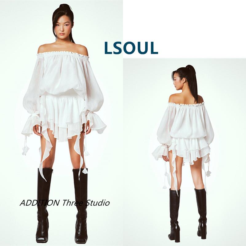 越南LSOUL 春夏款孙怡同款白色一字领不规则荷叶边飘带长袖连衣裙