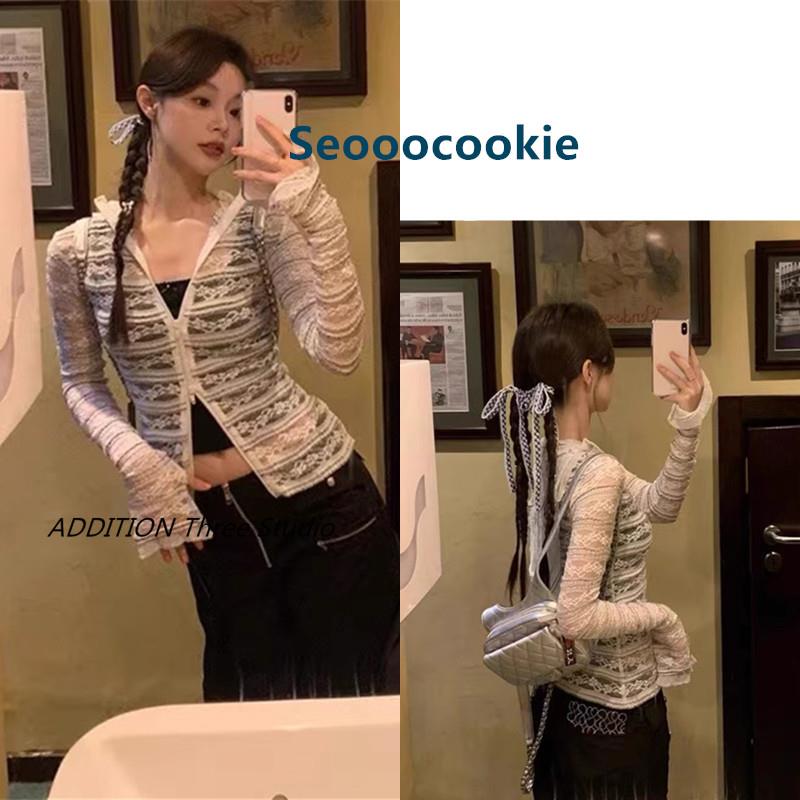正品 Seooocookie 24新款轻薄蕾丝镂空拉链修身长袖防晒衣连帽衫