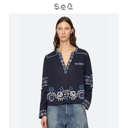 Sea New York 新款纯色刺绣V领宽松长袖休闲衬衫女